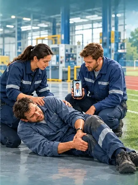 Illustratives KI-Motiv von der Startseite: Kollegen helfen einem Mitarbeiter am Fabrikboden und nutzen medizinische Videoberatung.