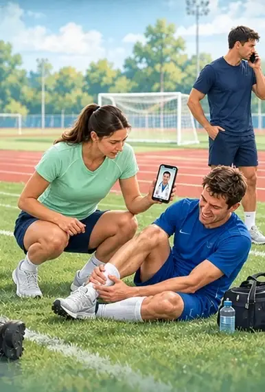 Illustratives KI-Motiv von der Startseite: Sportler in Sportkleidung unterstützen einen verletzten Mitspieler auf einer Sportanlage und nutzen Videoberatung.