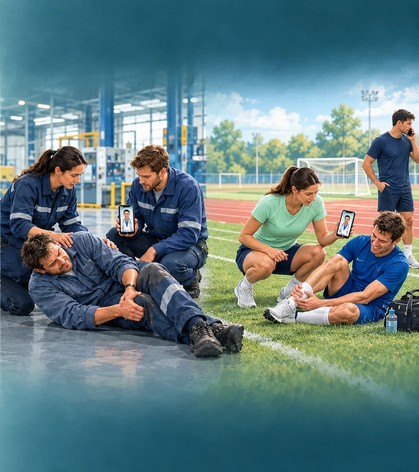 KI-Illustration mit zwei Hilfesituationen: Kollegen unterstützen einen Mitarbeiter am Fabrikboden. Auf einer Sportanlage helfen Sportler in Sportkleidung einem verletzten Teammitglied und nutzen medizinische Unterstützung per Video.