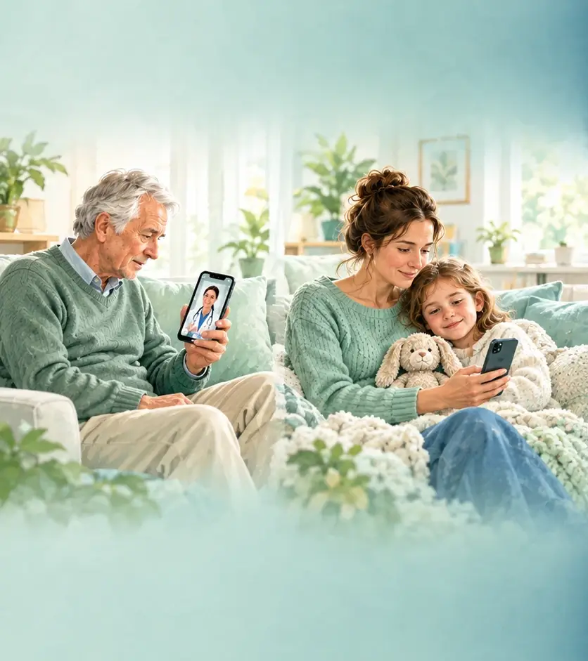 KI-Illustration mit zwei Alltagsszenen: Ein Senior sowie eine Mutter mit Kind nutzen medizinische Videoberatung auf ihrem Smartphone.