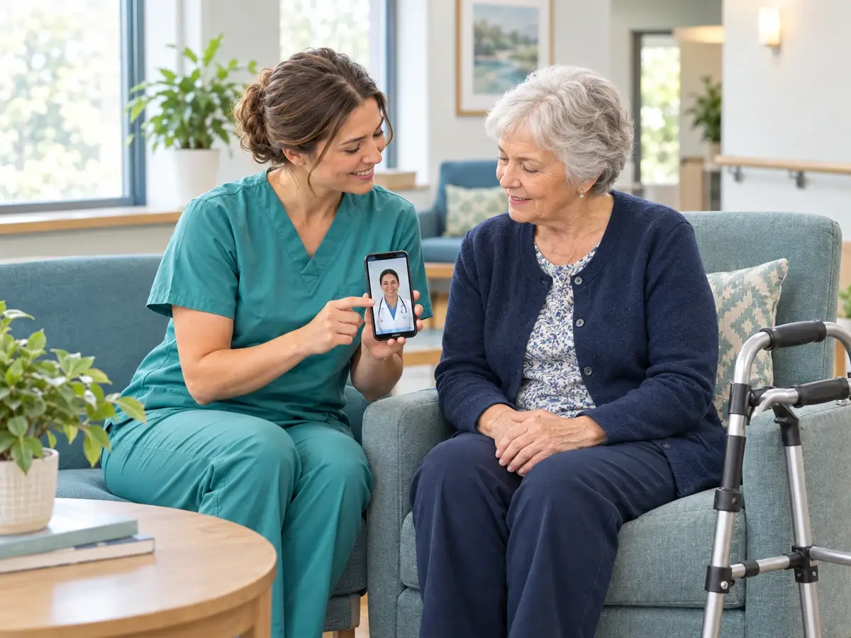 KI-Illustration: Eine Pflegefachkraft unterstützt eine ältere Bewohnerin in einer Pflegeeinrichtung bei der medizinischen Videoberatung per Smartphone.