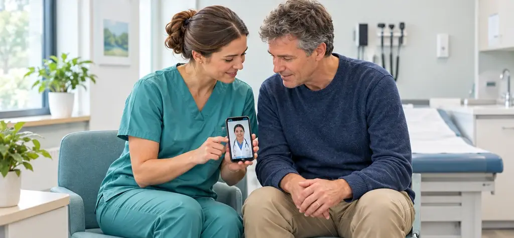 KI-Illustration: Eine Pflegefachkraft und ein Patient nutzen gemeinsam medizinische Videoberatung in einer Versorgungseinrichtung.