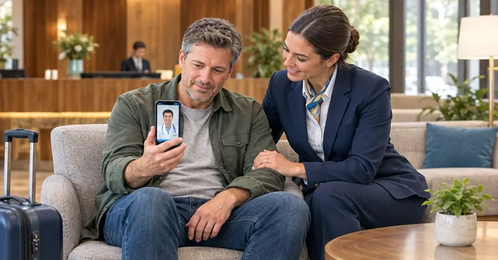 KI-Illustration: Ein Hotelgast nutzt medizinische Videoberatung per Smartphone, während eine Hotelmitarbeiterin unterstützend an seiner Seite ist.