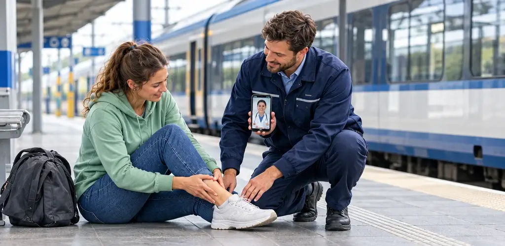 KI-Illustration: Ein Zugbegleiter unterstützt einen Reisenden mit Schmerzen am Bahnsteig und nutzt medizinische Videoberatung vor einem stehenden Zug.
